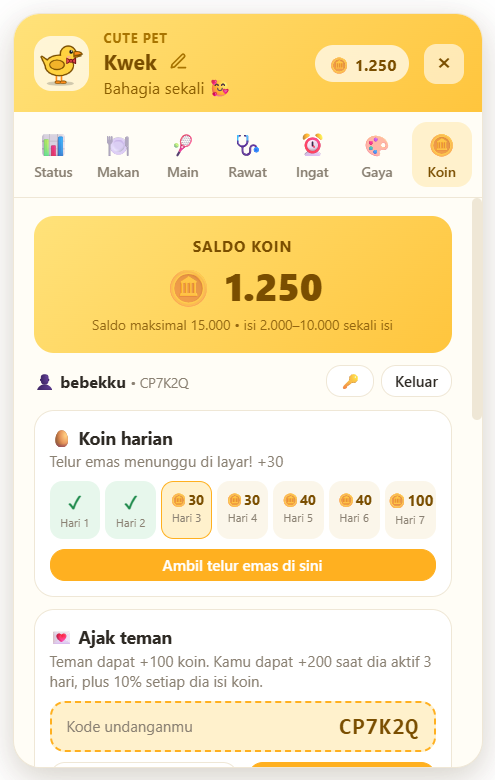 Tab Koin: telur emas harian dan ajak teman