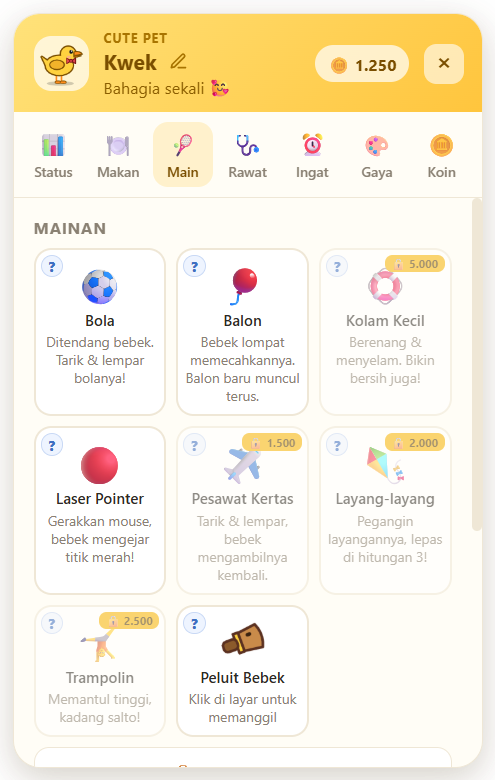 Tab Main: daftar mainan dan gerakan