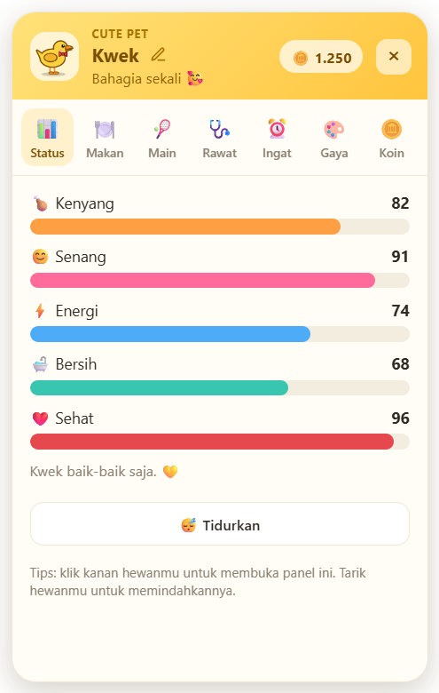 Tab Status: kenyang, bersih, senang, energi, sehat